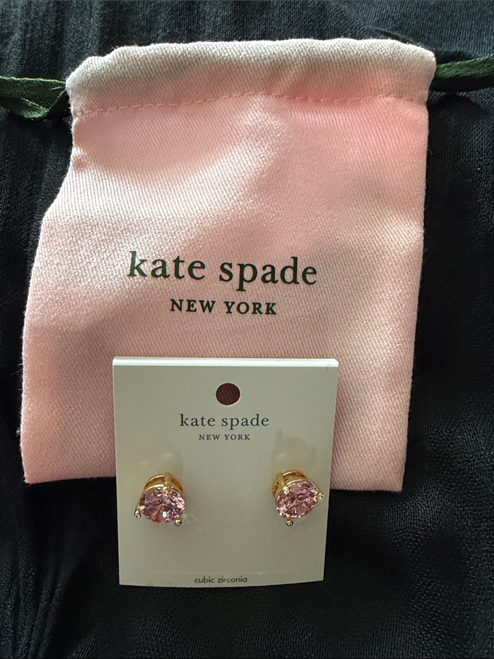 Kate Spade Cubic Zirconia Pink post earrings with cloth drawstring bag, New